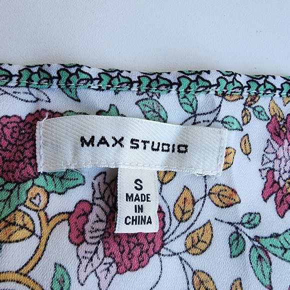 Max Studio Floral Cap Sleeve Asymmetrical Top Blouse Woman's White Pink Green S - Picture 10 of 13